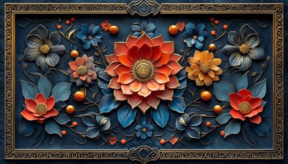 Vibrant Floral Relief with Orange and Blue Flowers