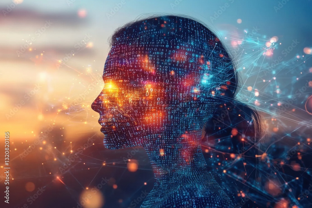 Poster digital transformation of a human silhouette filled with binary code and glowing connections, repres