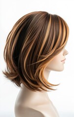 Naklejka premium Displaying Brown Bob Wig with Blonde Highlights on a Mannequin Head