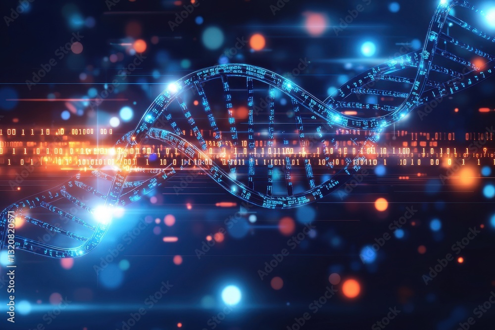 Poster a complex dna double helix structure intertwined with digital binary code, representing cutting-edge