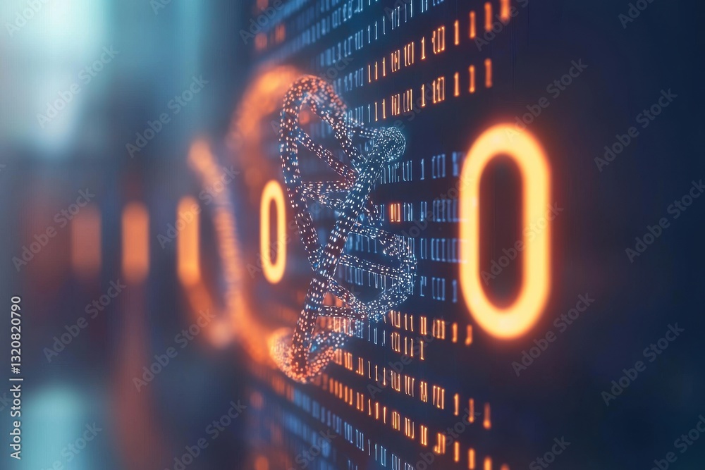 Poster abstract digital dna strand with binary code background, showing genetic data processing and bioinfo