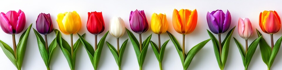 Vibrant Colorful Tulip Flowers in a Row Isolated on a White Background with Ample Copy Space