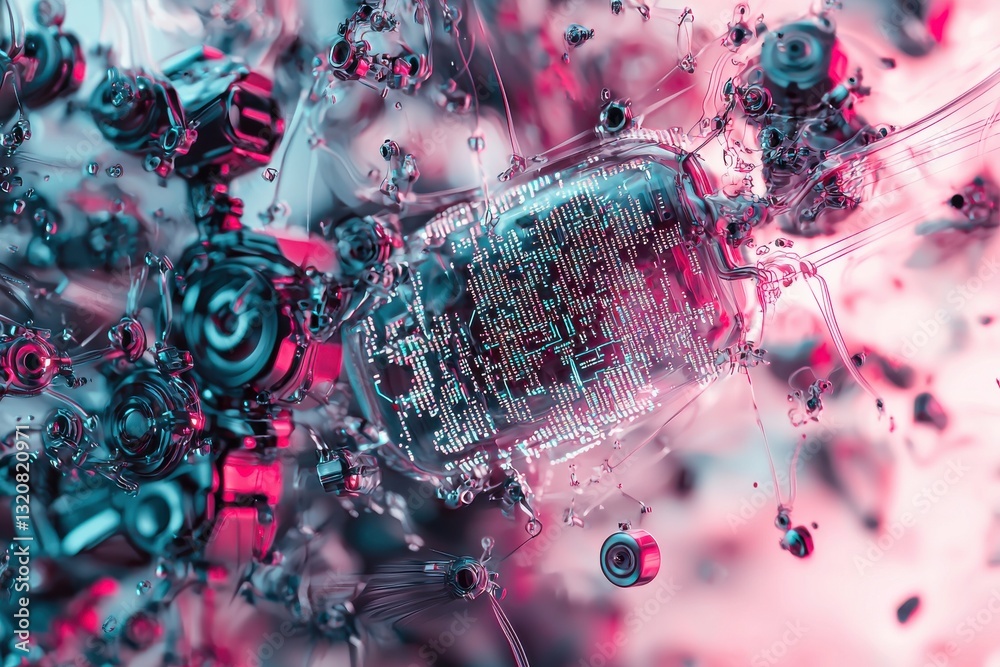 Poster a hyper-detailed abstract rendering of futuristic technology, displaying complex interconnected comp