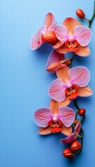 Delicate Beauty Vibrant Orchid Blooms in Pink and Orange Hues on a Serene Blue Backdrop