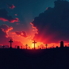 Fototapeta premium Panoramic view of black cemetery silhouettes at dusk Distant crosses and headstones , landscape, vector