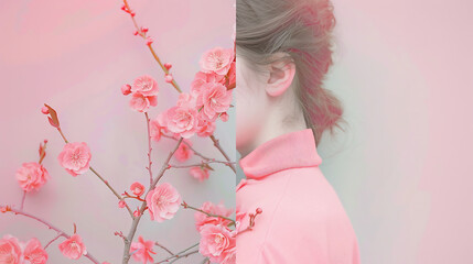 Fototapeta premium Collage of young female bodies and beautiful flowers on beige background