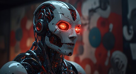 In a futuristic art gallery, a humanoid robot with glowing red eyes paints an elaborate mural. 
