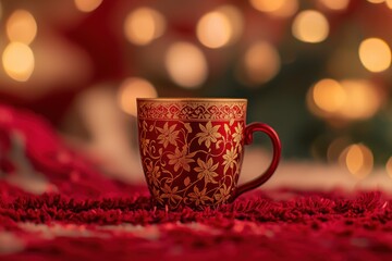 A festive red and gold mug with Christmas lights in the background exudes holiday warmth, perfect for cozy moments with seasonal beverages and delightful holiday vibes.