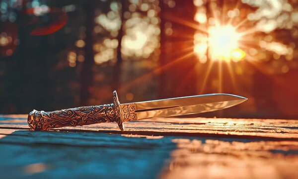 Ornate dagger rests on wooden surface, sunset forest background; fantasy, adventure, mystery