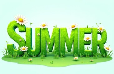 Word 'SUMMER’ using large, textured letters that resemble green grass with white daisies