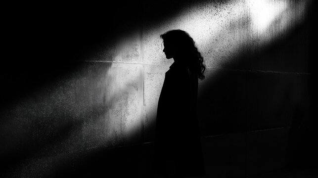 Black and white photograph of a person standing in a dark room. the person is facing away from the camera, with their head turned towards the right side of the image.