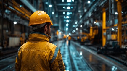 An industrial worker wearing a protective helmet stands in a manufacturing facility, observing automated machinery used for steel and aluminum production. The environment is busy with activity.