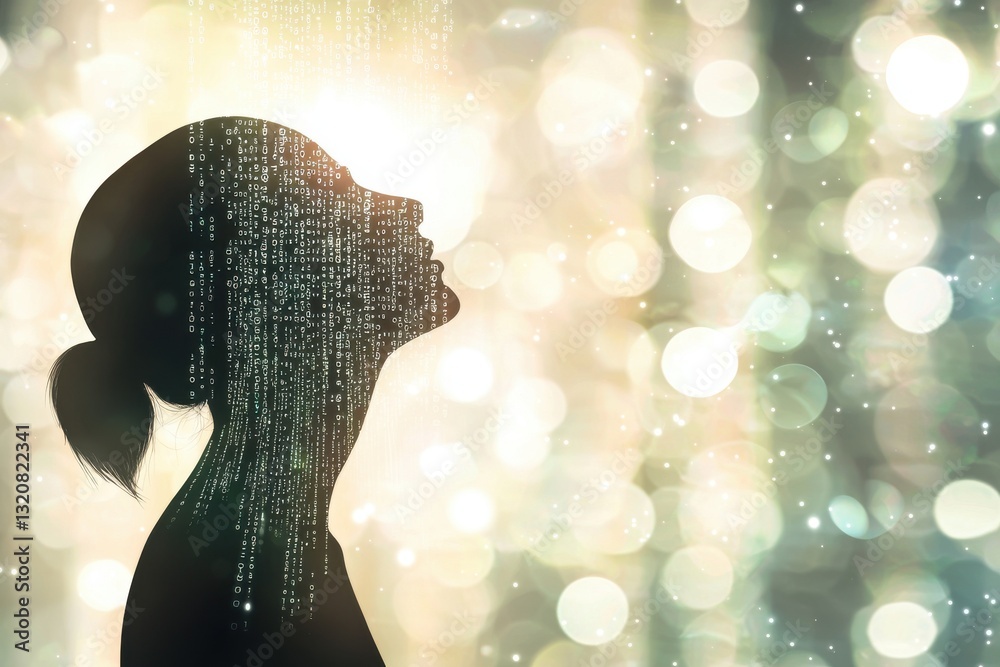 Poster conceptual digital portrait of a woman's silhouette with binary code overlay, set against a soft bok