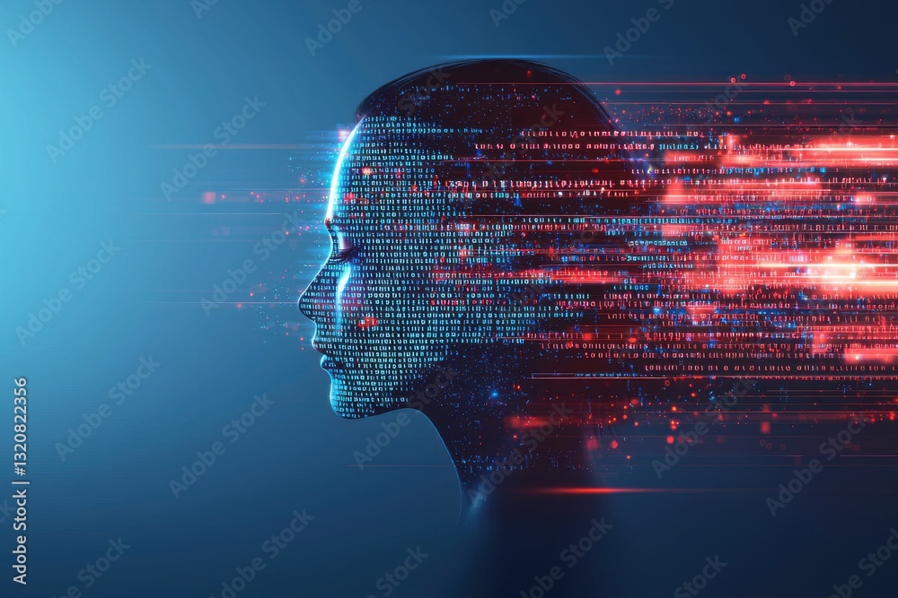 Poster a digital human head profile with streaming binary code on a blue background, representing artificia