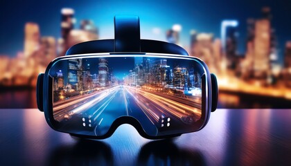 A futuristic view of a virtual reality headset displaying a vibrant cityscape at night, showcasing technology and innovation.