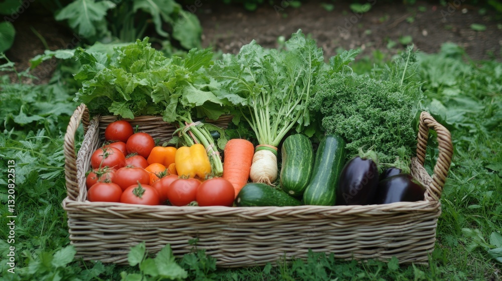 Poster a colorful display of fresh vegetables in a traditional wicker basket, ideal for food styling and ma