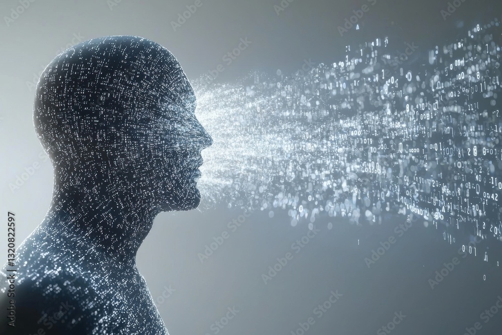 Poster artificial intelligence concept featuring a digital human head with binary code stream, illustrating