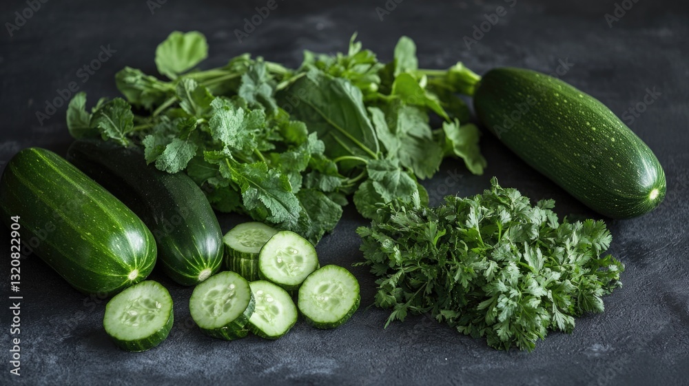Poster a selection of fresh cucumbers, parsley, and parsley leaves arranged on a table