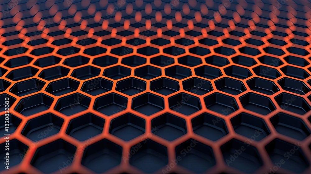 Poster 3D abstract art background concept. Close-up of a hexagonal pattern with a vibrant orange and black design.