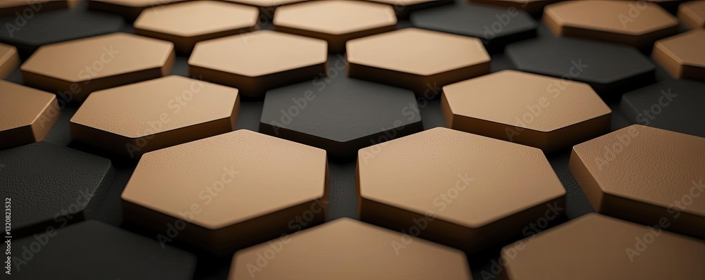 Poster Geometric shapes illustration abstract background idea. Close-up view of hexagonal shapes in a modern pattern, featuring gold and black colors.