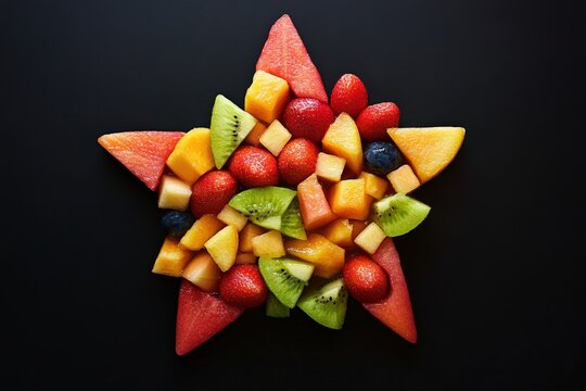 A colorful arrangement of various fruits shaped into a star