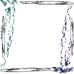 Make-up paint artistic supply bristle sponge brush smudges. Isolated border square frame, detailed line vector ink sketch hand drawn. Beauty parlor illustration, cosmetics shop, art studio, packaging