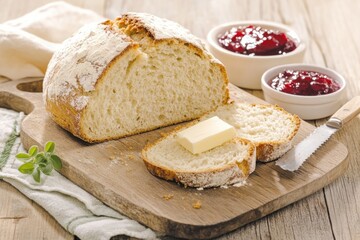 Freshly Baked Irish Soda Bread With Butter and Jam on a Wooden Cutting Board in Natural Light