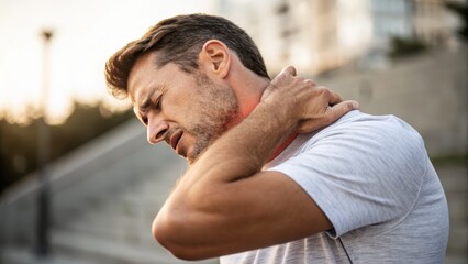 Fototapeta premium Man Suffering From Neck Pain Outdoors