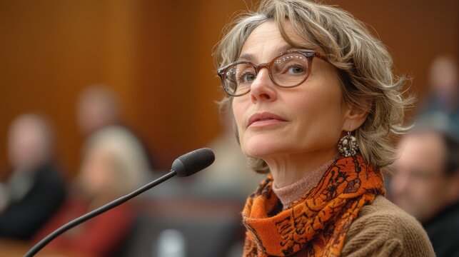 During a public hearing, a middle-aged woman addresses local development projects, standing at a microphone while community members listen attentively in the background