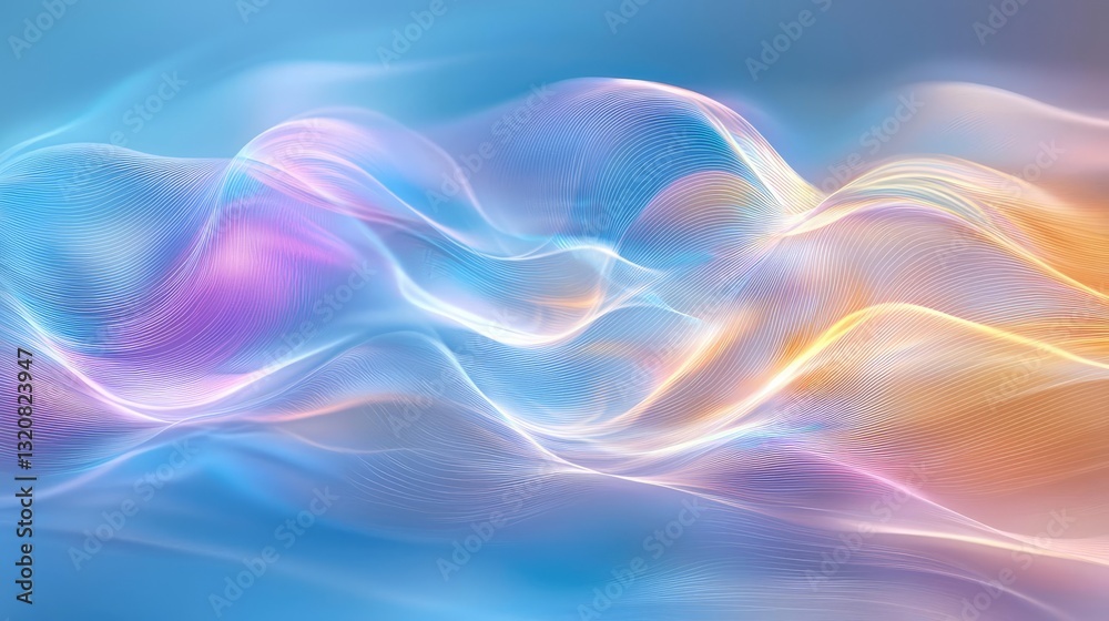 Poster 3D abstract art background concept. Abstract waves of color blending seamlessly in vibrant hues create a tranquil atmosphere.
