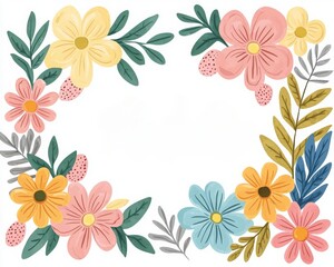 Obraz premium A vibrant floral border featuring colorful flowers and leaves, perfect for framing text or decoration.