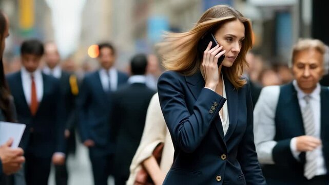 A resolute businesswoman strides purposefully along a bustling street, engaged in a phone call amidst the blurred figures surrounding her