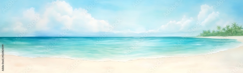 Aufkleber Serene beach scene with clear water and soft clouds in a bright sky.