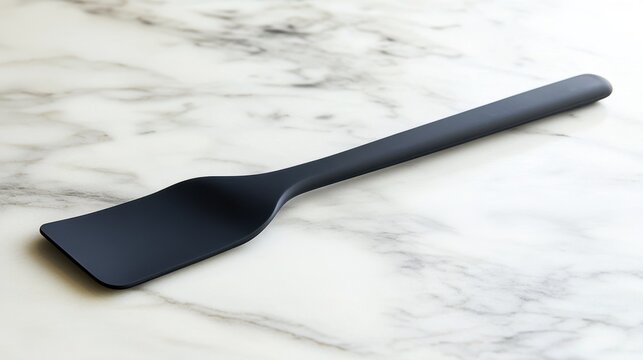 A modern silicone spatula with a matte black finish, resting on a marble countertop.