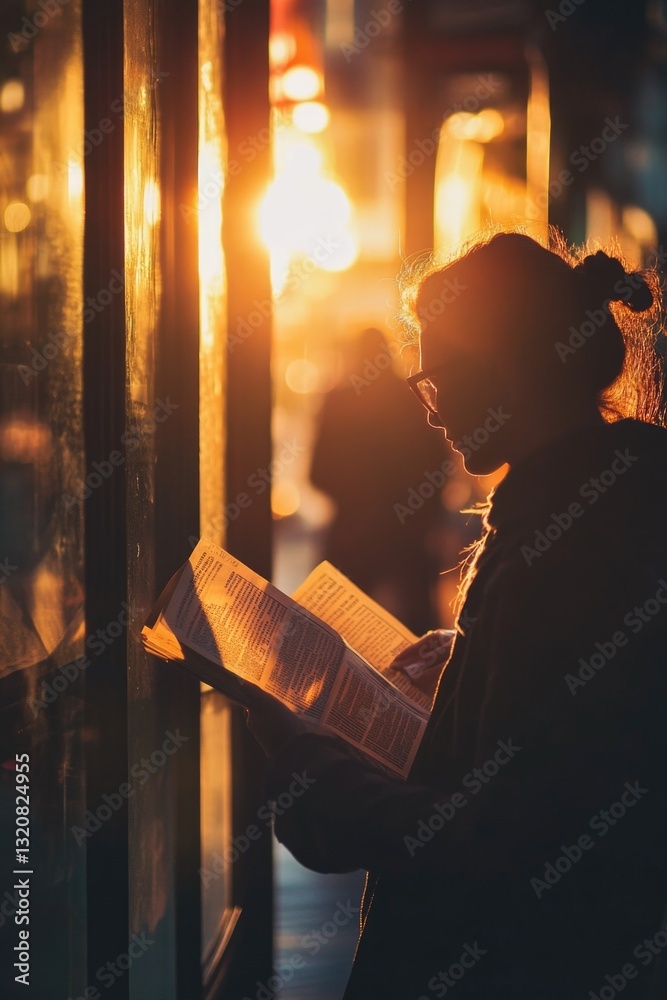 Poster A person reading a book in a dimly lit environment, suitable for use as a background image