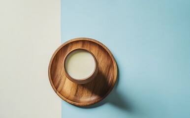 Fototapeta premium Minimalist Drink Presentation Soy Milk in Wooden Bowl on Pastel Background