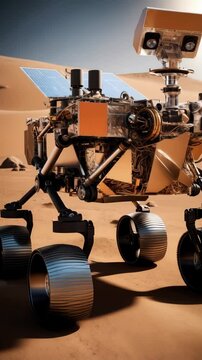 An advanced robotic rover exploring the dusty red terrain of Mars