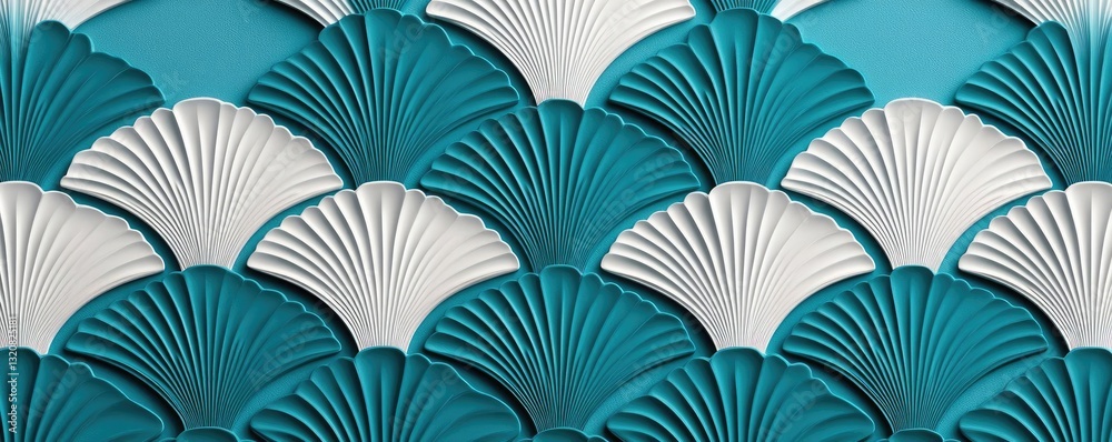 Poster Geometric pattern design abstract background idea. Intricate teal and white shell pattern for creative and artistic designs.