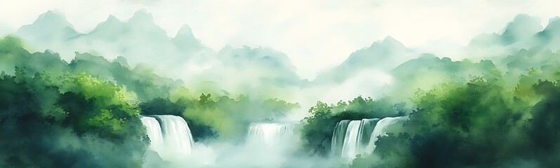 Fototapeta premium Serene landscape featuring misty waterfalls surrounded by lush greenery.