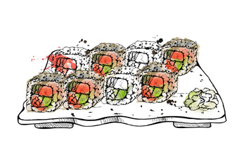 Japanese food sushi roll set on ceramic plate, raw fish alaska california philadelphia, salmon avocado tuna sesame, hand drawn in watercolor and ink. Illustration restaurant, cafe menu, recipe book