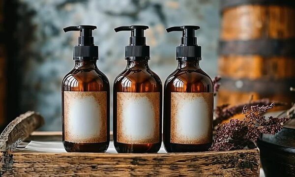 Amber bottles with blank labels on rustic wooden tray, old barrels background; product packaging mockup