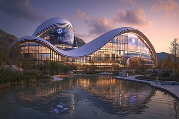 Obraz premium Futuristic building with curved glass facade reflecting warm sunset light in pond, surrounded by nature and mountains under soft, cloudy sky creates a peaceful atmosphere.
