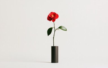 Red Camellia in Black Vase Minimalist Still Life Photography