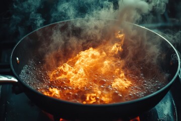 A close-up shot of a frying pan on a stove with heavy smoke filling the air
