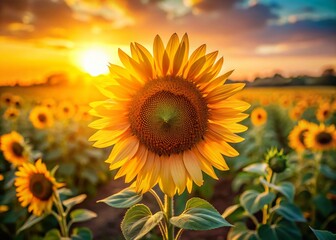 Obraz premium Close-Up Summer Sunflower Field at Dusk - Low Light Photography