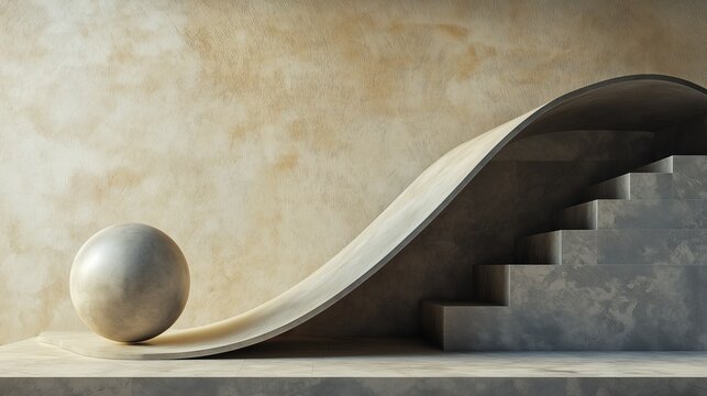 Modern staircase with a curved wooden staircase on the right side. the staircase is made of concrete and has a light grey color.