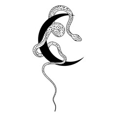 Mystical snake tattoo design entwined with celestial elements in a heavenly doodle style