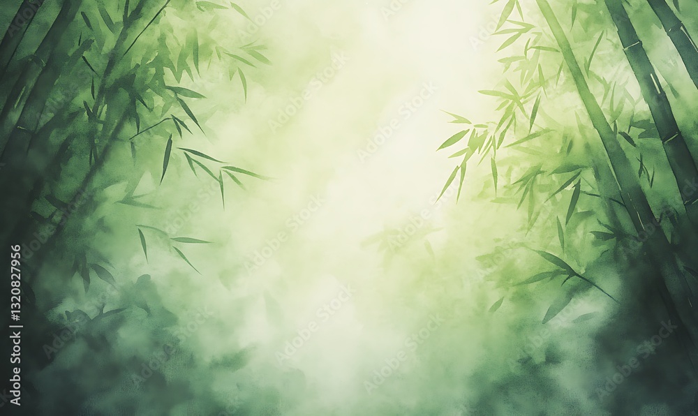 Poster serene bamboo forest with soft light filtering through the foliage.