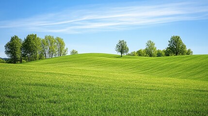 Obraz premium A scenic view of a rural countryside with rolling green hills and a bright blue sky during springtime.