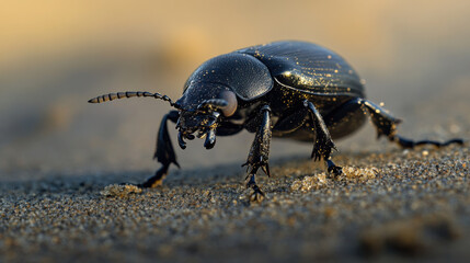 A stunning portrait of a desert-dwelling beetle, its glossy black shell reflecting subtle light, crawling on a smooth